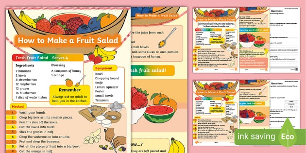 KS1 Fruit Salad Recipe Differentiated Comprehension - Twinkl