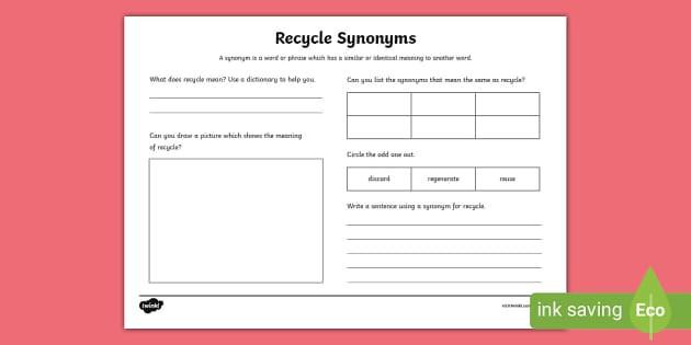 Recycle Synonyms Worksheet (teacher made) - Twinkl