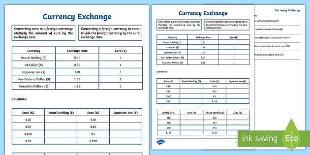 León campo Cumplir Currency Exchange Worksheet - Maths Conversion - Twinkl