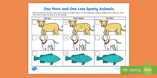 One More One Less Spotty Animals Worksheet (teacher made)