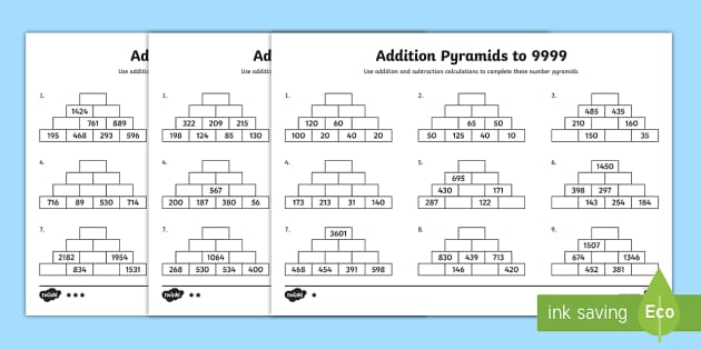 addition pyramids to 9999 differentiated worksheets