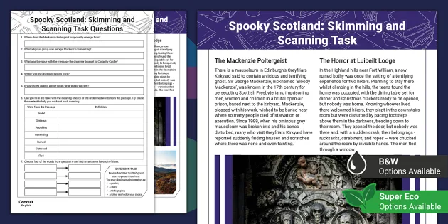Spooky Scotland: Skimming and Scanning Task (teacher made)