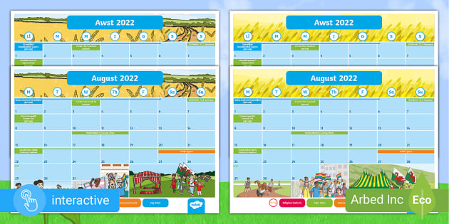 FREE Calendr Digwyddiadau Mis Awst August Events Calendar 2022