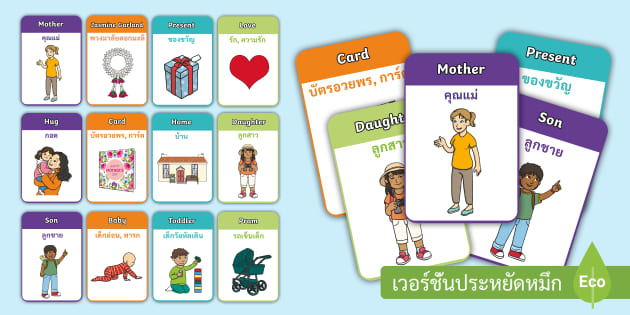 บัตรคำศัพท์วันแม่ ภาษาอังกฤษ พร้อมคำแปลไทย - แฟลชการ์ดวันแม่
