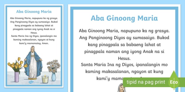 Aba Ginoong Maria Poster (Hail Mary Tagalog Poster) | Grade 2 | Twinkl
