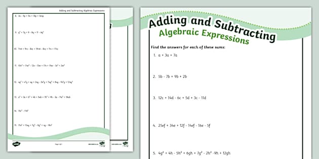 Adding and Subtracting Algebraic Expressions Activity Sheet