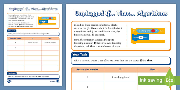 Unplugged If Then Algorithms Worksheet (teacher made)