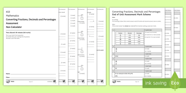 Fractions, Decimals and Percentages Table Worksheet