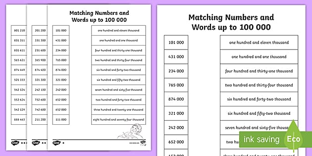 Matching Numbers And Words Up To 100 000 Differentiated Worksheets