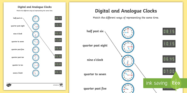 Digital and Analog Clocks Worksheet (Teacher-Made) - Twinkl