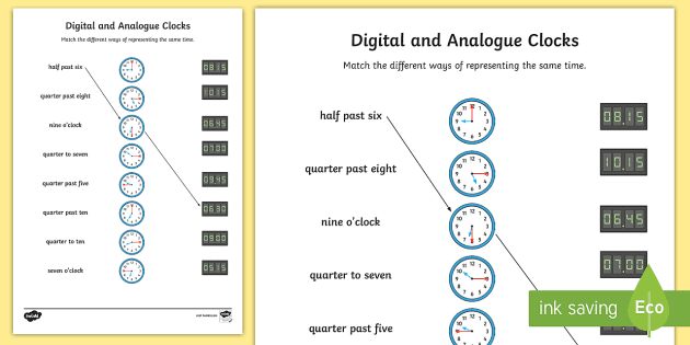 Clock - Digital and Analogue Worksheet (teacher made)