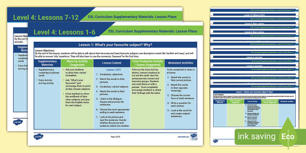 ESL Curriculum: Level 4 Lesson Plans (teacher made) - Twinkl