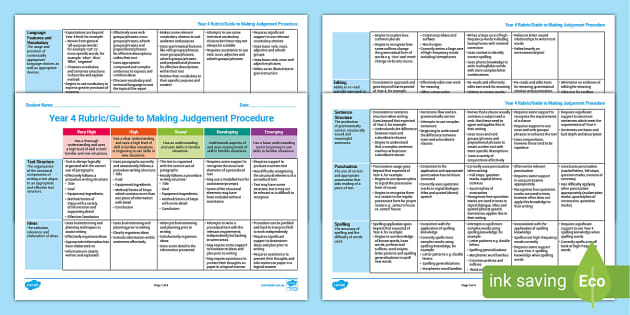 Year 4 Procedure Assessment Rubric/Guide To Making Judgement