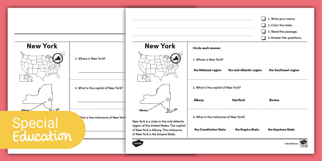 New York Worksheet Page for Special Education (teacher made)