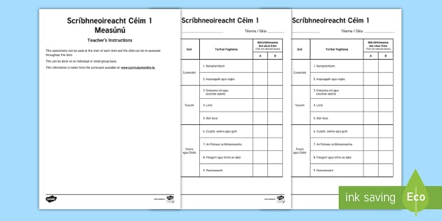 Junior & Senior Infants Writing Gaeilge Assessment Tracker