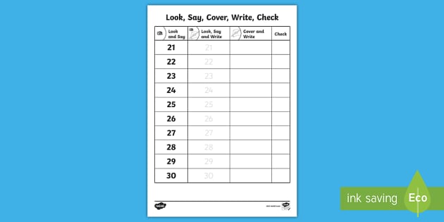 Look, Say, Cover, Write Numbers 21-30 (teacher made)