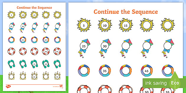 summer themed counting in fives number sequence worksheet