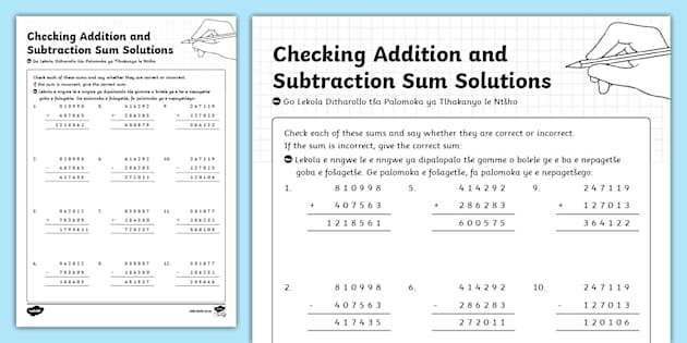 Checking Addition and Subtraction Sum Solutions Activity Sheet Sepedi