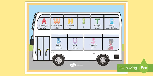 A WHITE BUS Conjunctions and Adverbials for Cohesion Display Poster