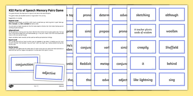 Pair Work Speaking Game Parts of Speech