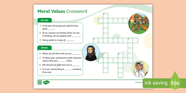 Moral Values Crossword (teacher made) Twinkl