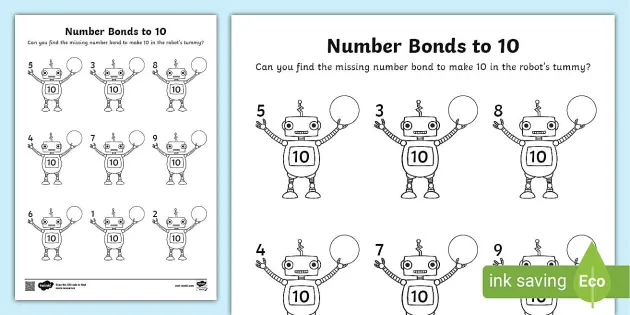 number bonds to 10 robots worksheet math resource twinkl