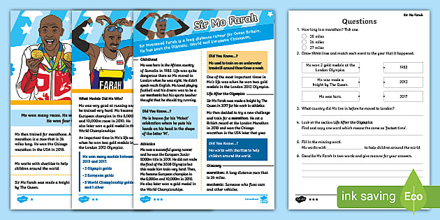 KS1 Sir Mo Farah Differentiated Reading Comprehension Activity
