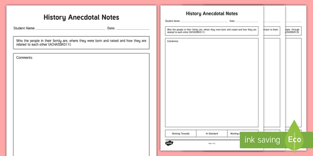 Prep History Anecdotal Observations Assessment Sheet