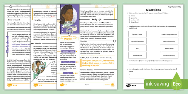 UKS2 Marie Maynard Daly Reading Comprehension Activity