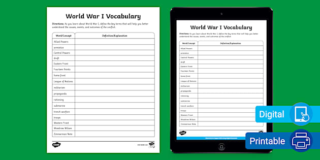 World War I Vocabulary Worksheet for 6th-8th Grade - Twinkl