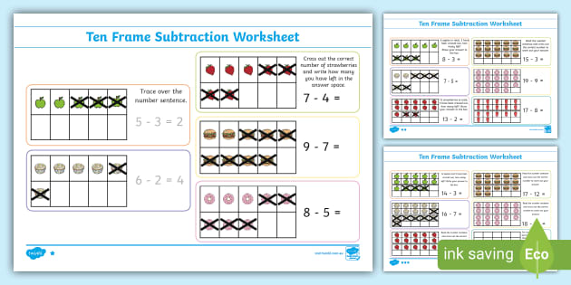 10 Frame Subtraction Worksheet (teacher made) - Twinkl