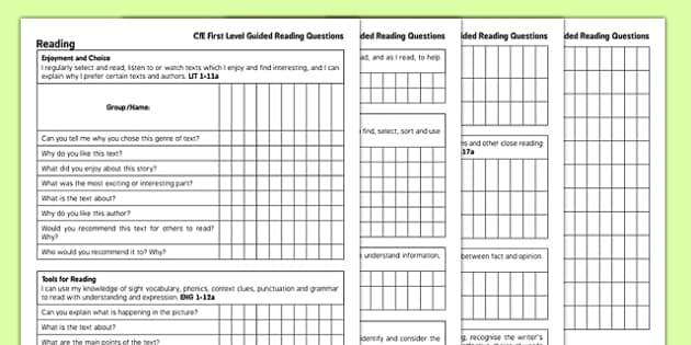 First Level Guided Reading Questions - CfE, reading ...