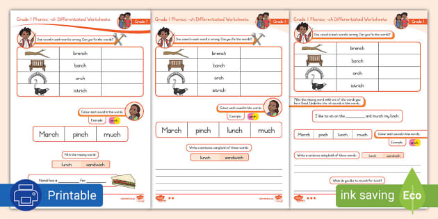 Grade 1 Phonics -ch Digraph Differentiated Worksheets