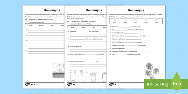 Review: Synonyms, Antonyms, Homonyms and Homographs Worksheet for