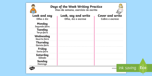 Days of the Week English/Portuguese Writing Worksheet