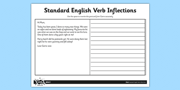 Standard English Verb Inflections Application Worksheet Worksheet