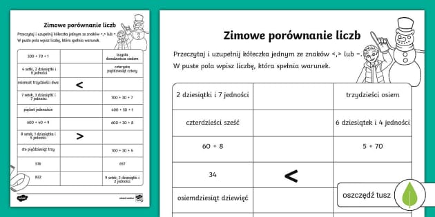 Zapis Słowny Liczb Karty Pracy Klasa 3 Zima | Porównanie liczb dwu i trzycyfrowych | Karta pracy