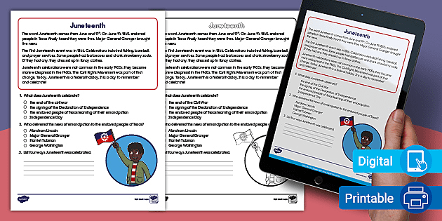 second grade juneteenth reading comprehension activity