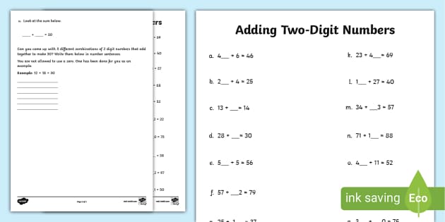 👉 Missing Digits In A Two-digit Number Addition Activity Sheet