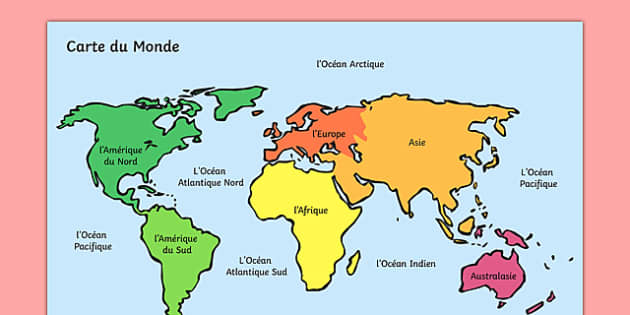 Stickers map monde Océans et Continents en français