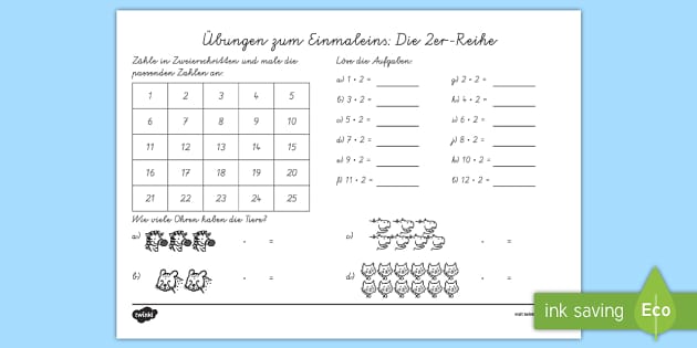 Übungen zum Einmaleins: Die 2er-Reihe Arbeitsblatt