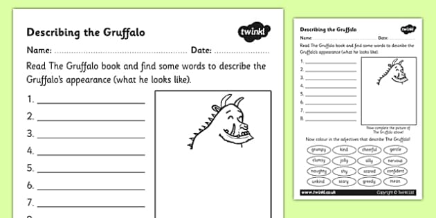 The Gruffalo Description Sheet - the gruffalo, description