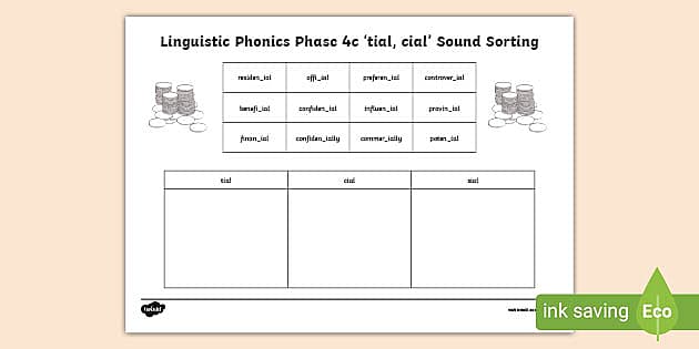 Linguistic Phonics Phase 4c 'tial, cial' Sorting Worksheet