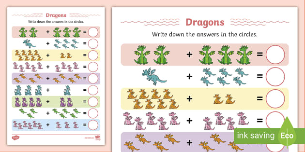 👉 Dragon Up to 10 Addition Sheet, Dragons Adding Activity