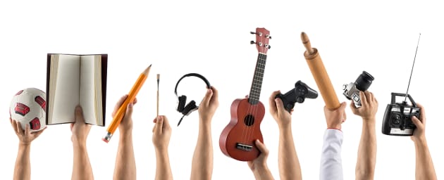 lots of arms holding up various hobby eq