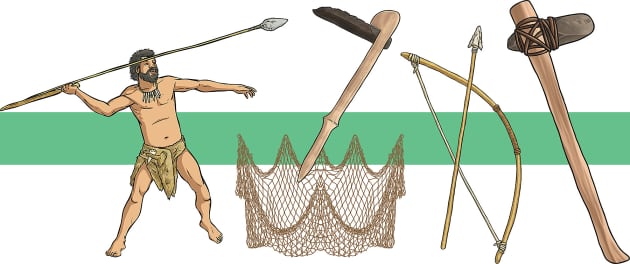 Set Of Items Of Primitive Man And Hunter. Weapons Of Caveman